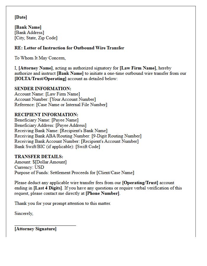 Attorney Letter of Instruction for Outbound Wire Transfer of Settlement Funds