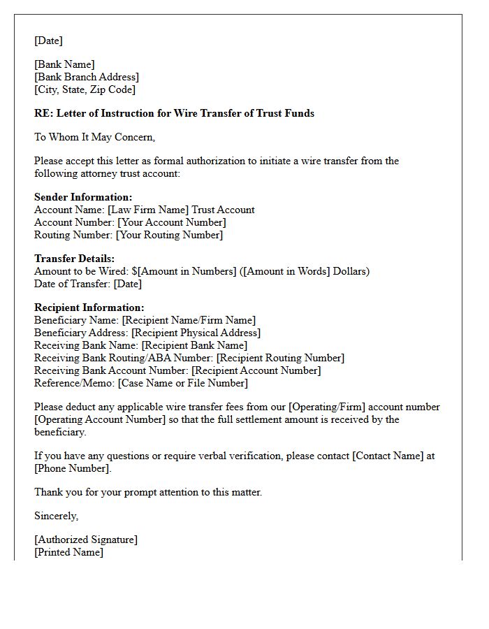Trust Account Letter of Instruction for Wire Transfer of Settlement Funds