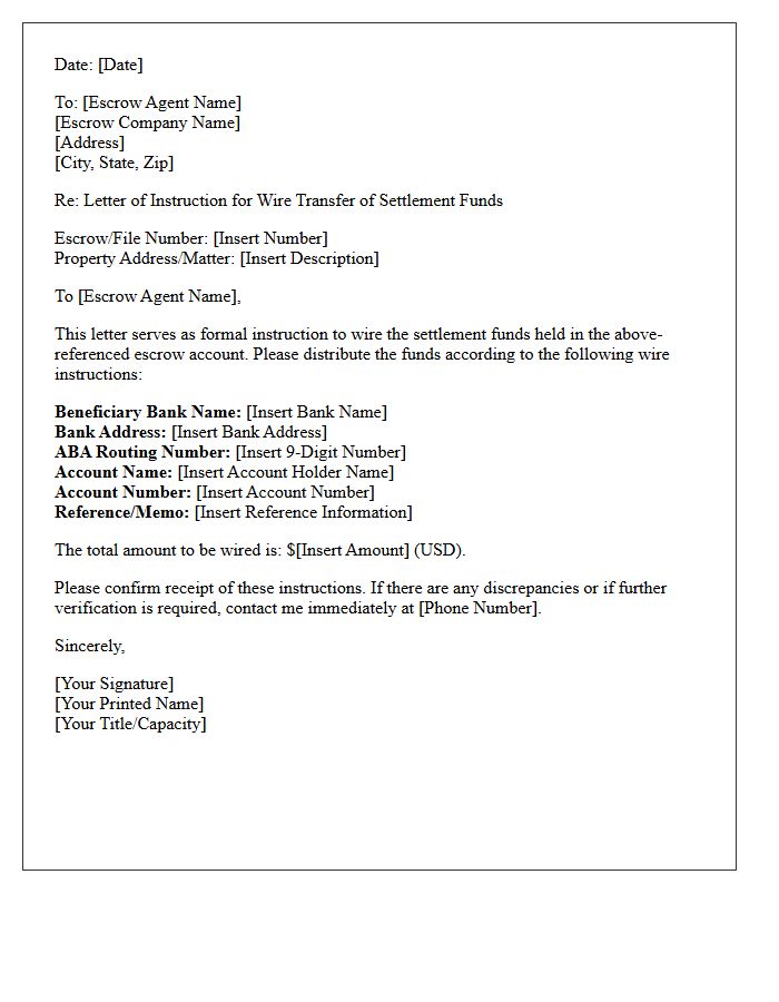 Escrow Agent Letter of Instruction for Wire Transfer of Settlement Funds