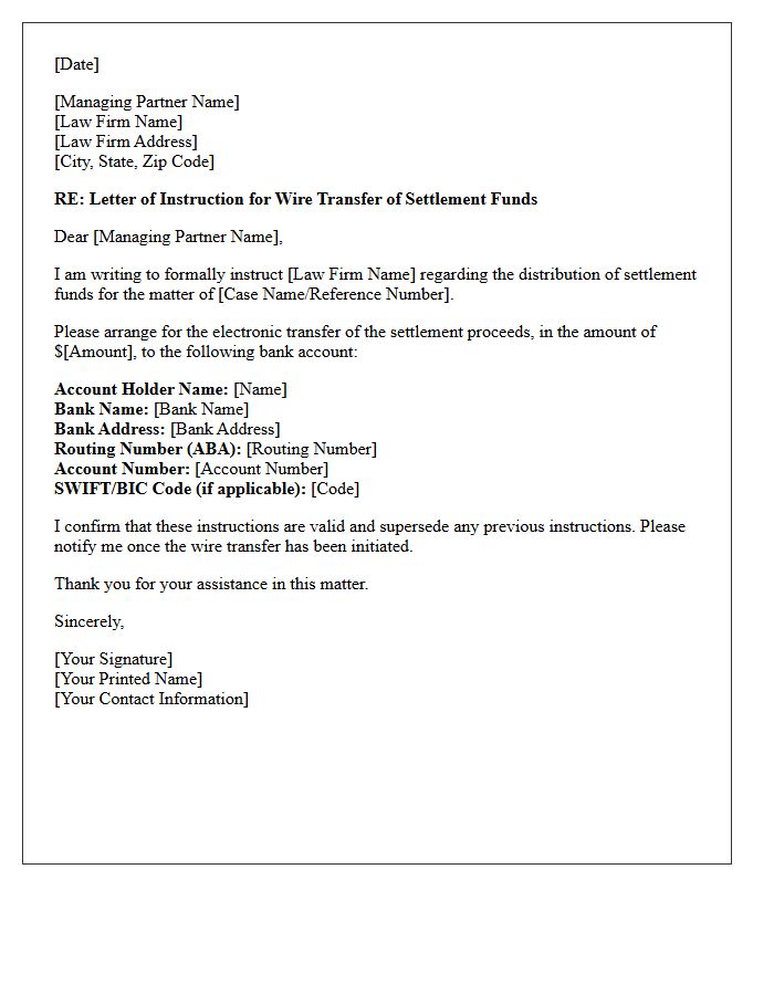 Managing Partner Letter of Instruction for Wire Transfer of Settlement Funds