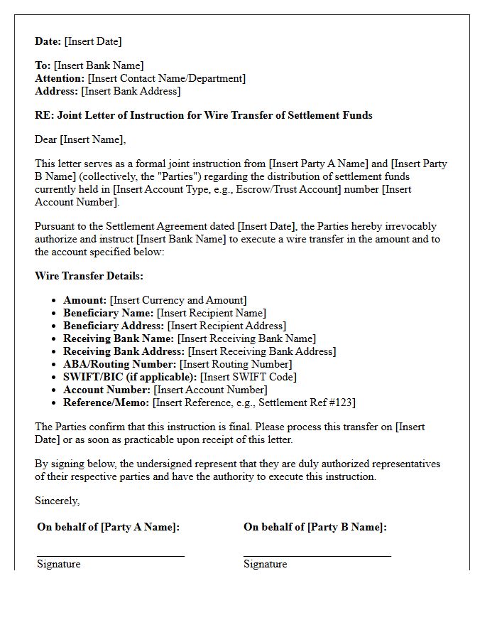 Joint Letter of Instruction for Wire Transfer of Settlement Funds