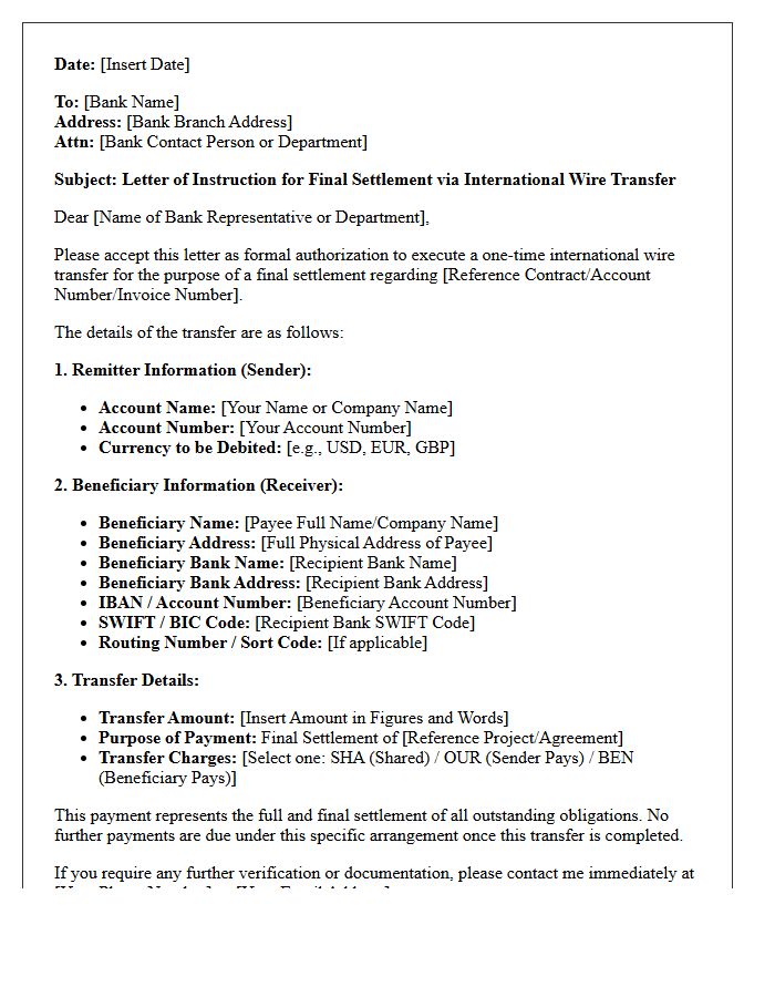 Final Settlement Letter of Instruction for International Wire Transfer