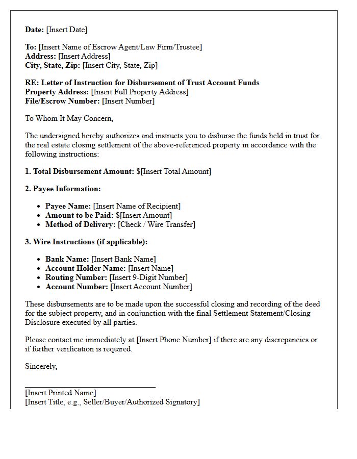 Letter of Instruction for Disbursement of Trust Account Funds for Real Estate Closing Settlement
