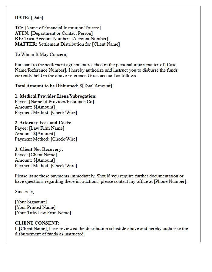 Letter of Instruction for Disbursement of Trust Account Funds for Personal Injury Award Distribution