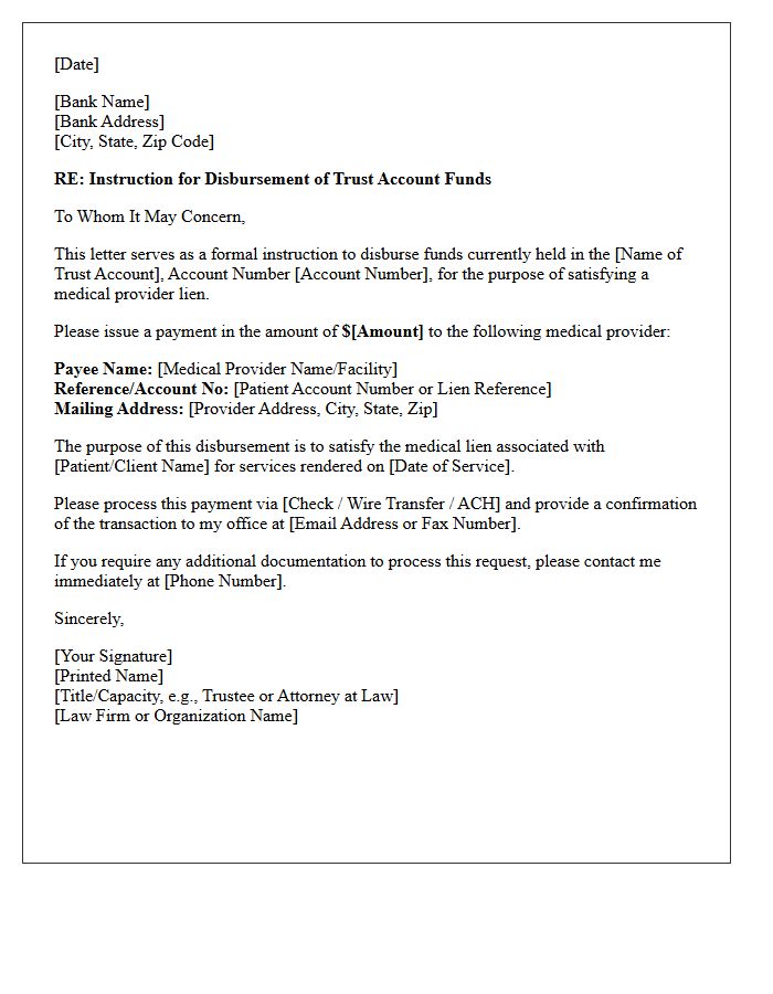 Letter of Instruction for Disbursement of Trust Account Funds for Medical Provider Lien Satisfaction