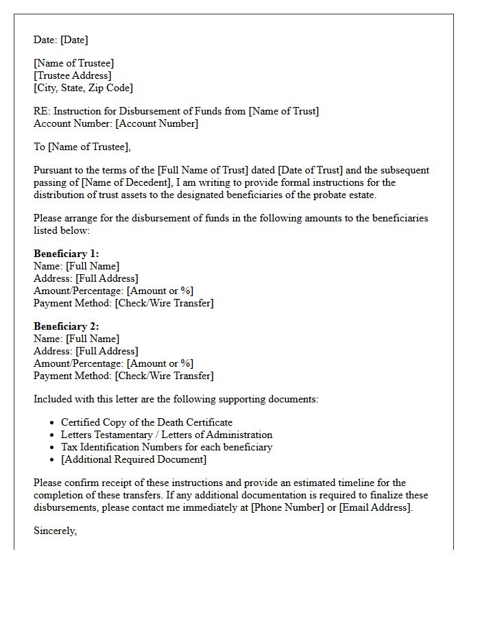 Letter of Instruction for Disbursement of Trust Account Funds to Probate Estate Beneficiaries