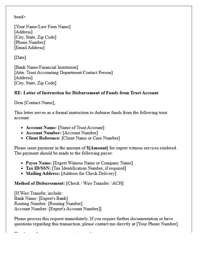 Letter of Instruction for Disbursement of Trust Account Funds for Expert Witness Services Payment