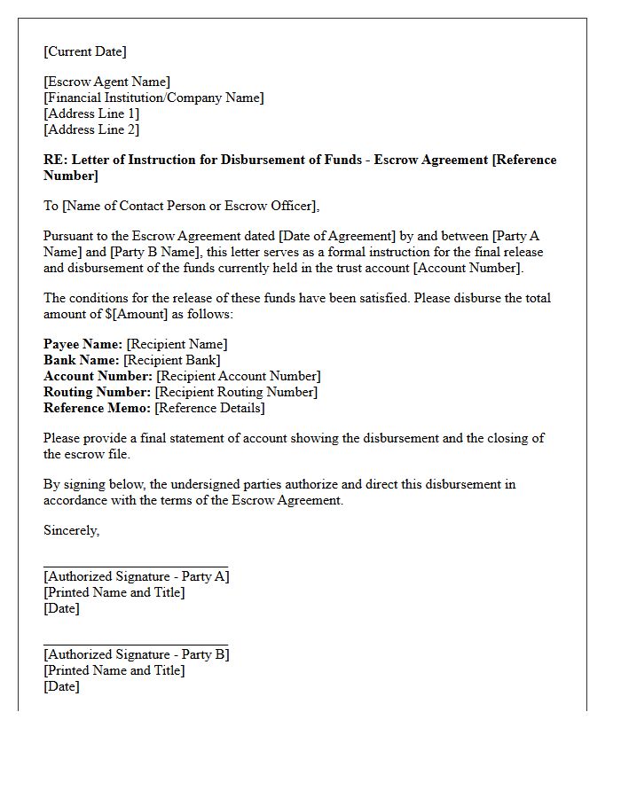 Letter of Instruction for Disbursement of Trust Account Funds for Escrow Agreement Release