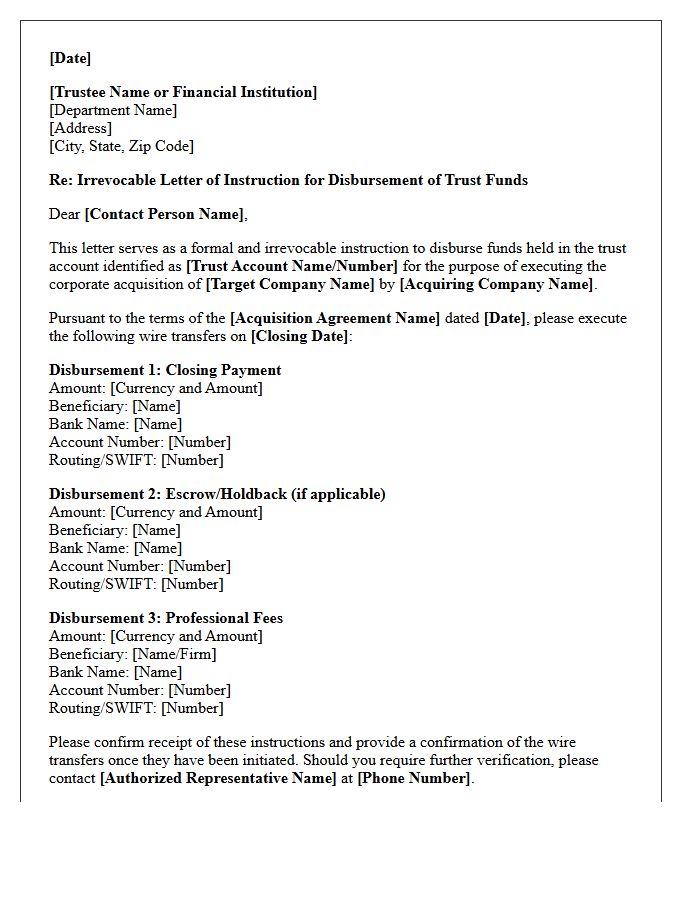 Letter of Instruction for Disbursement of Trust Account Funds for Corporate Acquisition Execution