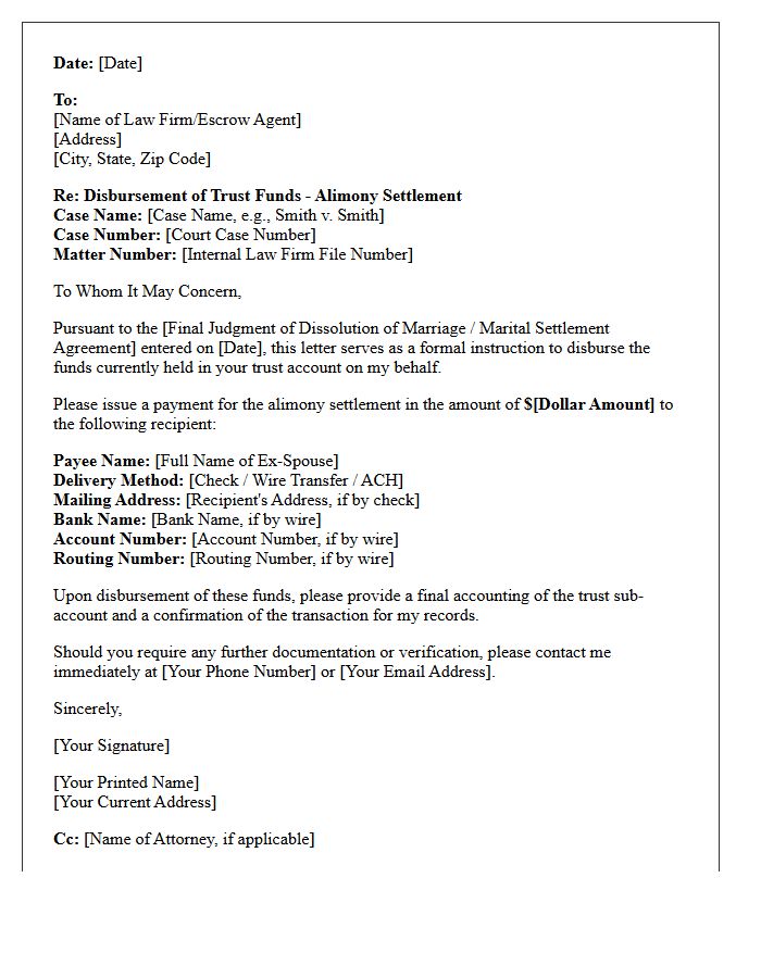 Letter of Instruction for Disbursement of Trust Account Funds for Family Law Alimony Settlement