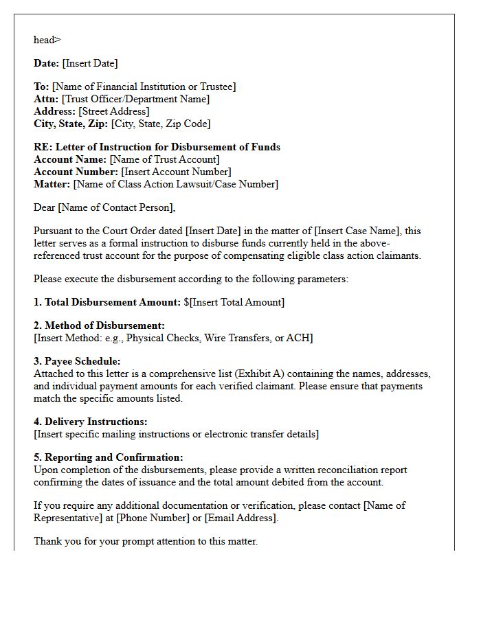 Letter of Instruction for Disbursement of Trust Account Funds for Class Action Lawsuit Claimants