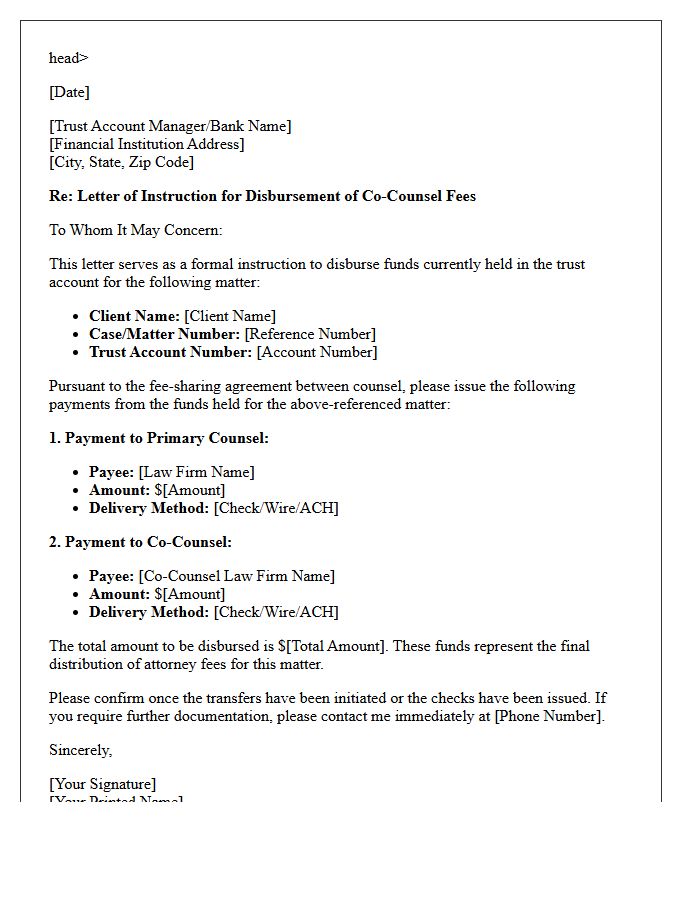 Letter of Instruction for Disbursement of Trust Account Funds for Division of Co-Counsel Fees