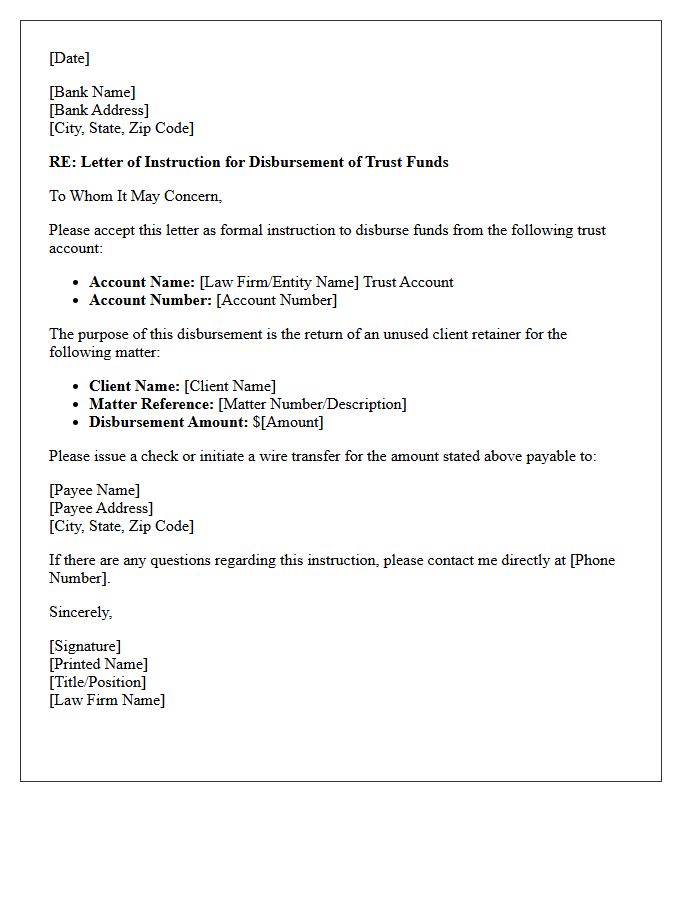 Letter of Instruction for Disbursement of Trust Account Funds for Return of Unused Client Retainer