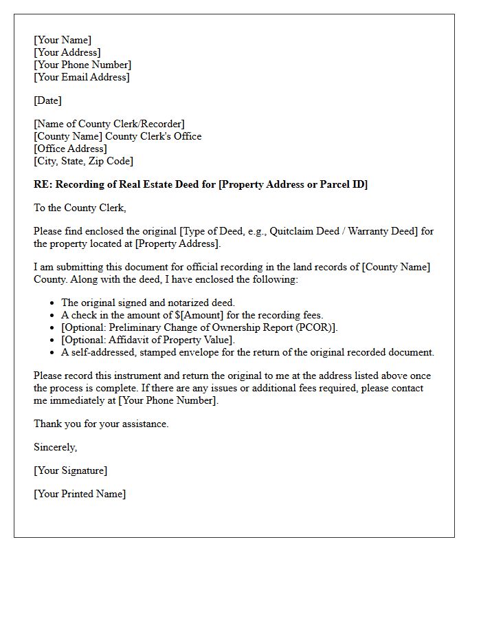 Letter of Instruction to County Clerk for Real Estate Deed Recording