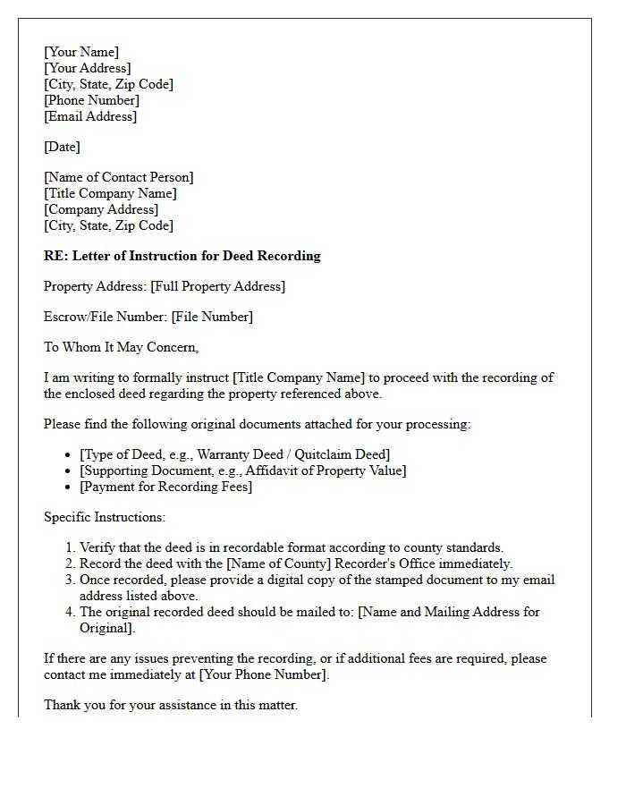 Letter of Instruction to Title Company for Real Estate Deed Recording