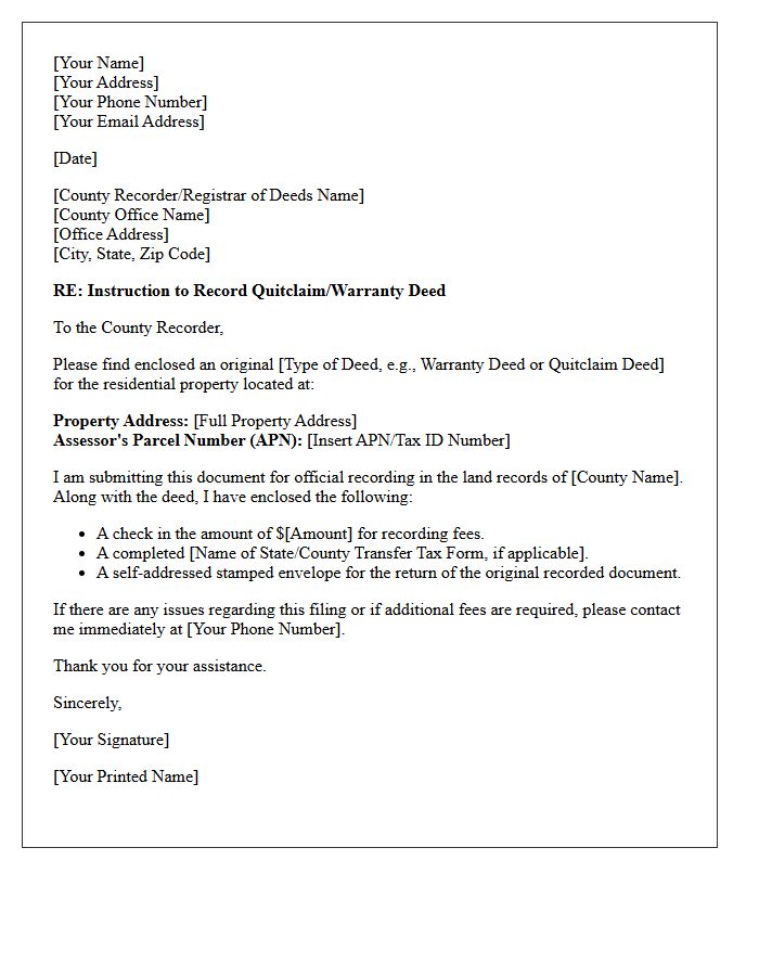 Residential Property Deed Recording Letter of Instruction