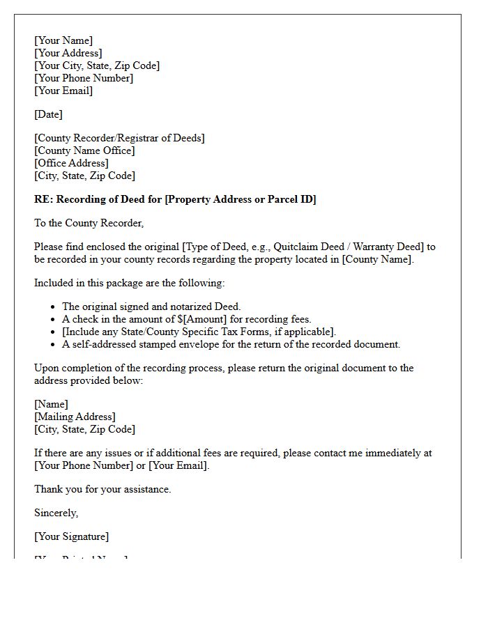 Out of State Real Estate Deed Recording Letter of Instruction