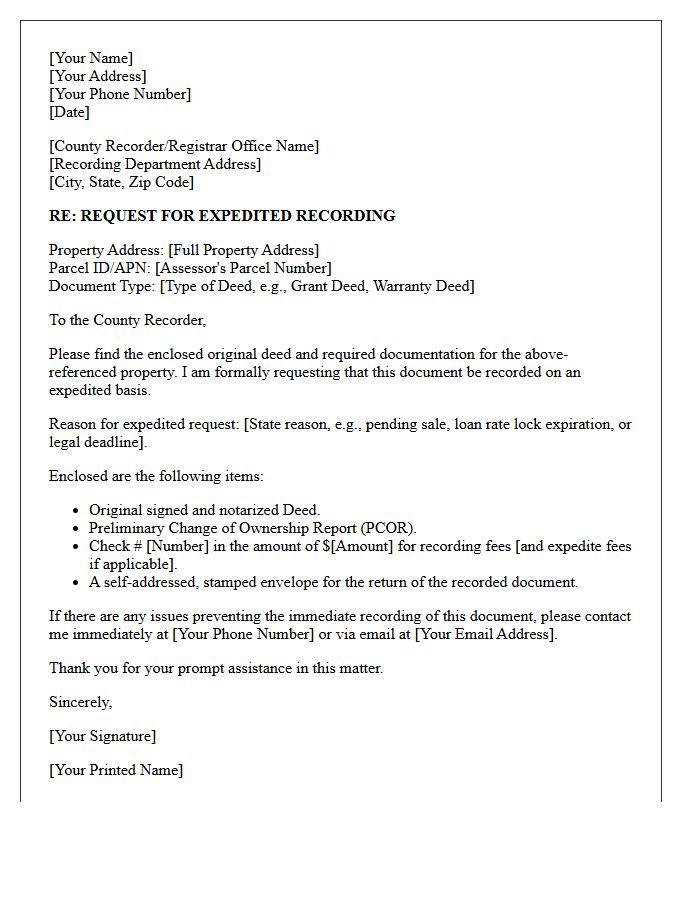 Expedited Real Estate Deed Recording Letter of Instruction