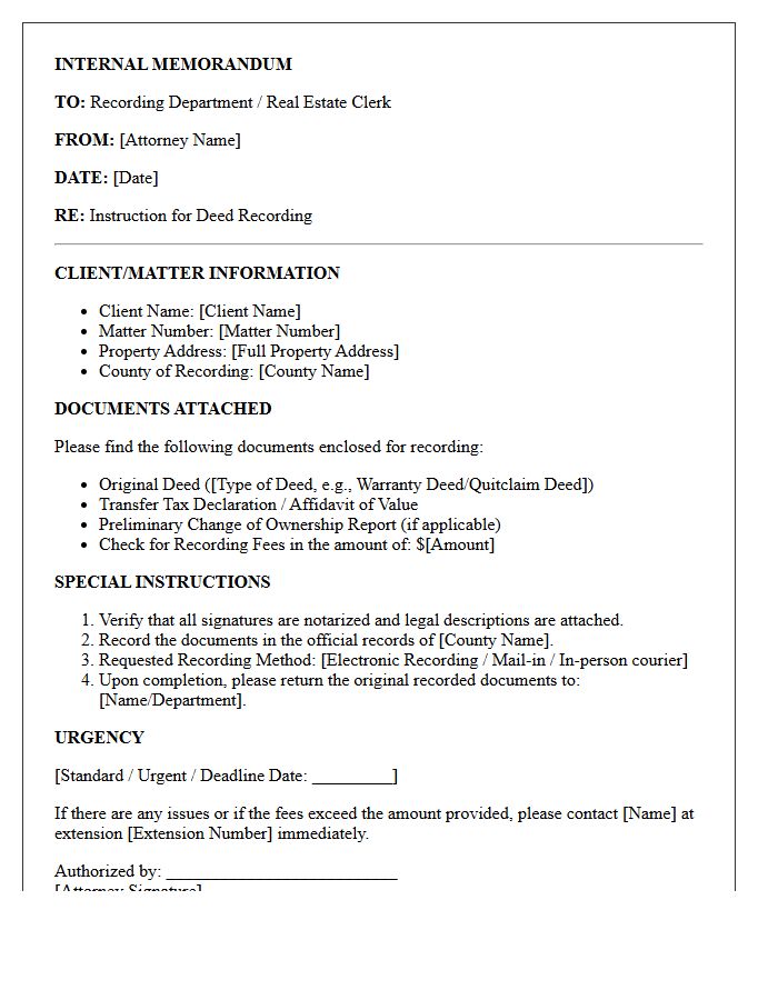 Internal Law Firm Letter of Instruction for Deed Recording