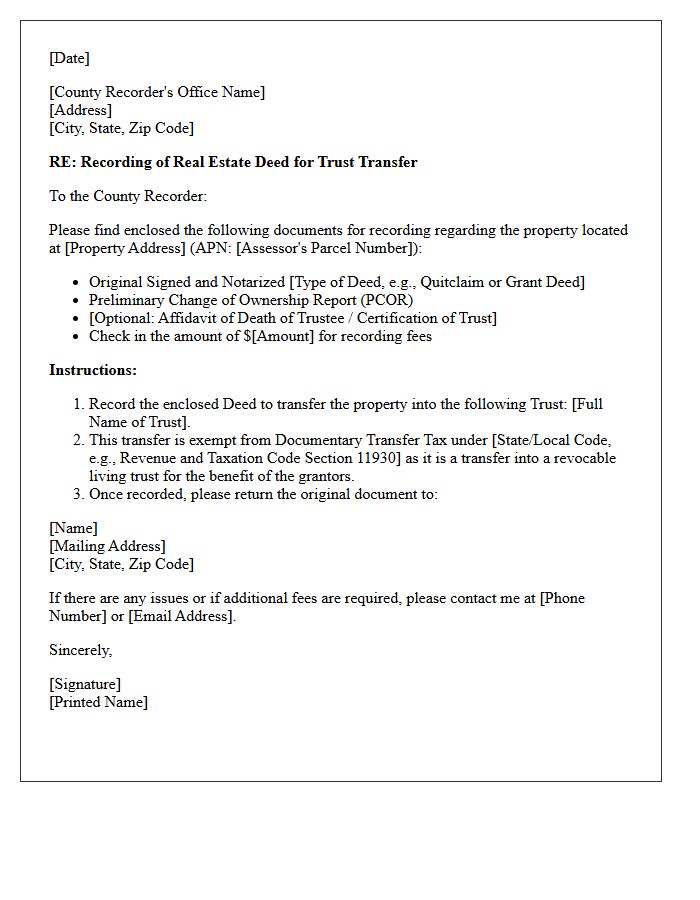 Trust Transfer Real Estate Deed Recording Letter of Instruction