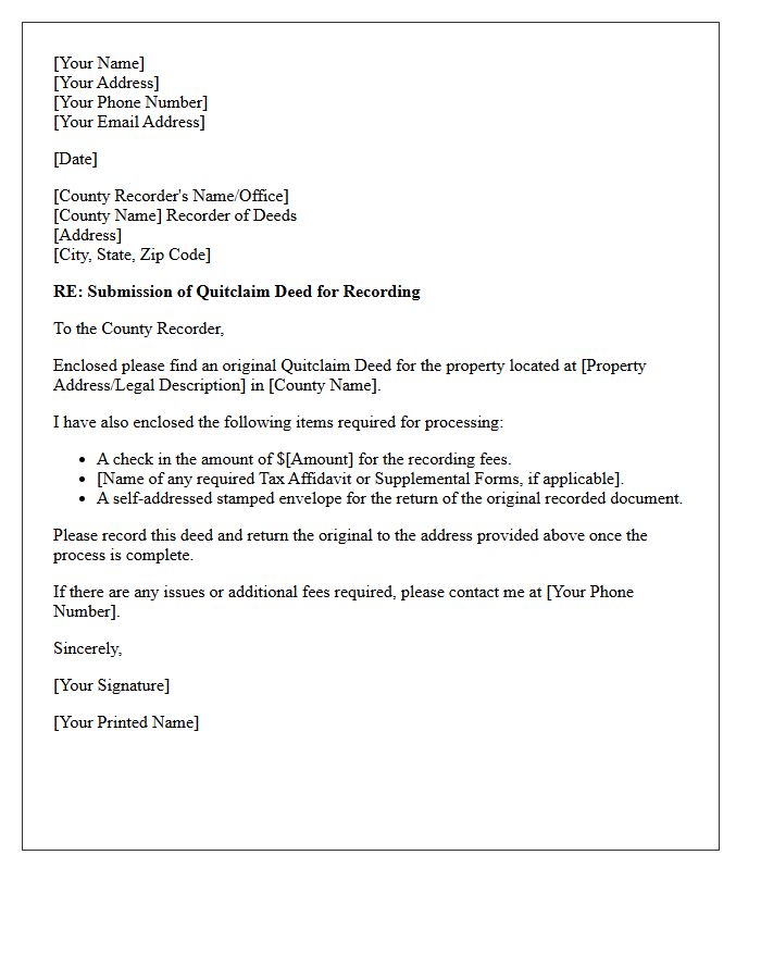 Quitclaim Deed Recording Letter of Instruction to County Recorder