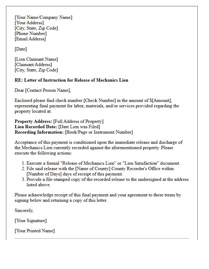 Letter of Instruction for Release of Mechanics Lien Upon Final Payment
