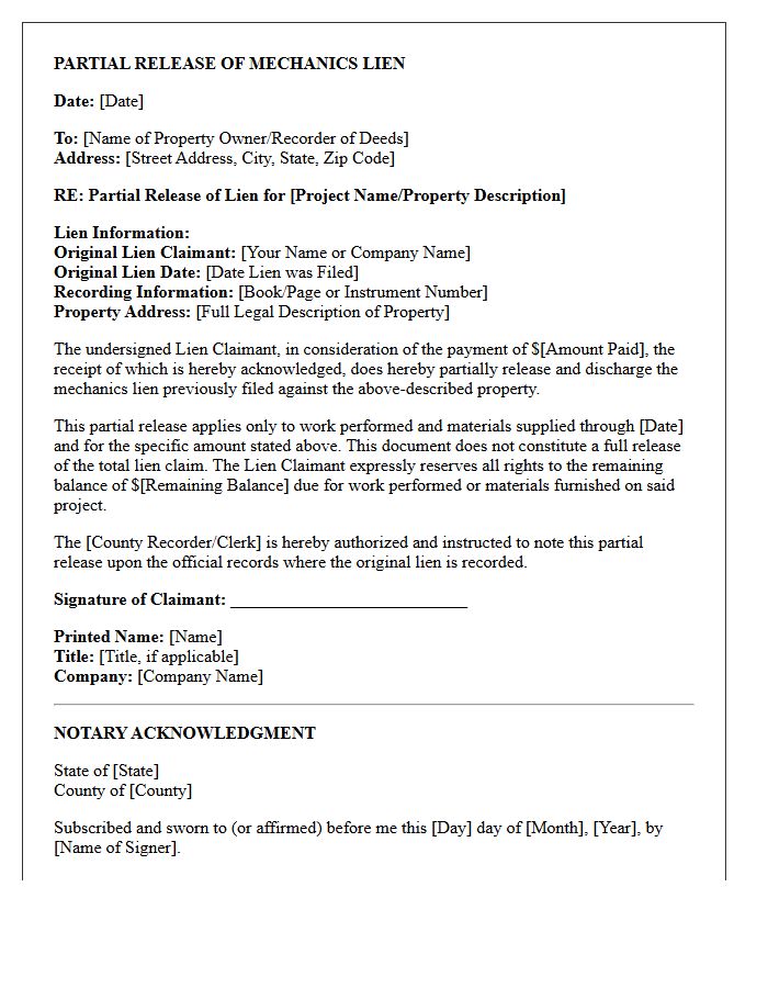 Letter of Instruction for Partial Release of Mechanics Lien