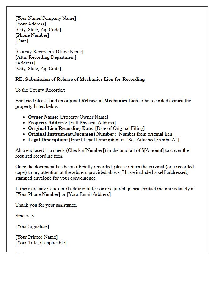 Letter of Instruction to County Recorder for Mechanics Lien Release