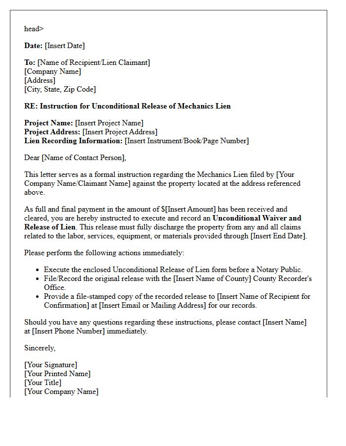 Letter of Instruction for Unconditional Release of Mechanics Lien
