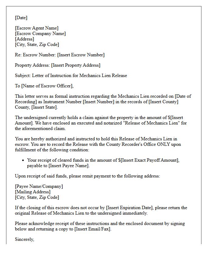 Letter of Instruction to Escrow Agent for Mechanics Lien Release