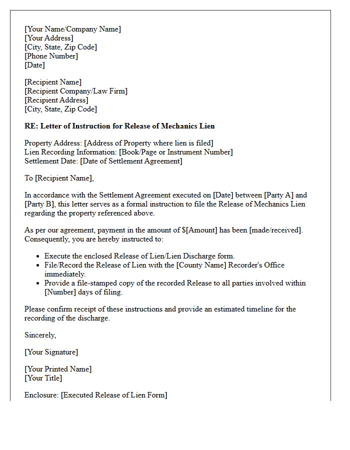 Letter of Instruction for Release of Mechanics Lien Following Settlement Agreement