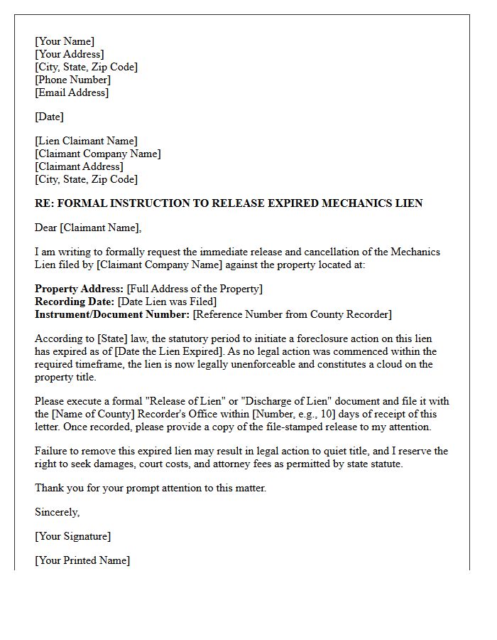 Letter of Instruction for Release of Expired Mechanics Lien