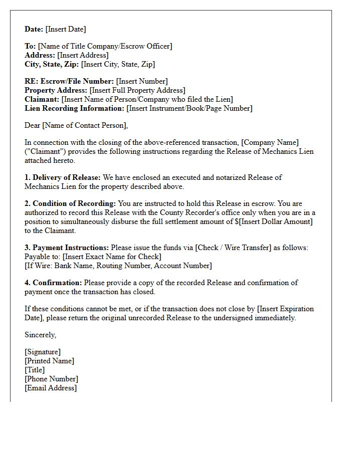 Letter of Instruction to Title Company for Mechanics Lien Release