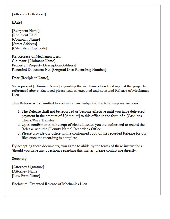 Attorney Letter of Instruction Transmitting Mechanics Lien Release