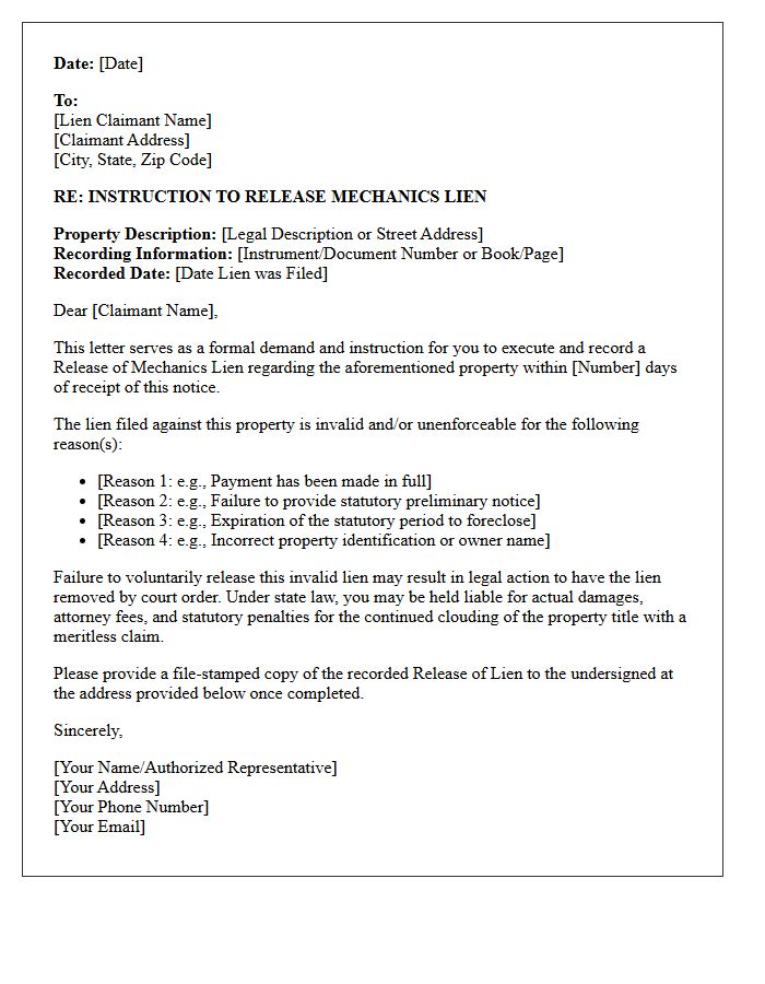 Letter of Instruction for Release of Mechanics Lien Due to Invalid Claim