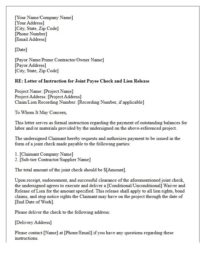 Letter of Instruction for Joint Payee Release of Mechanics Lien