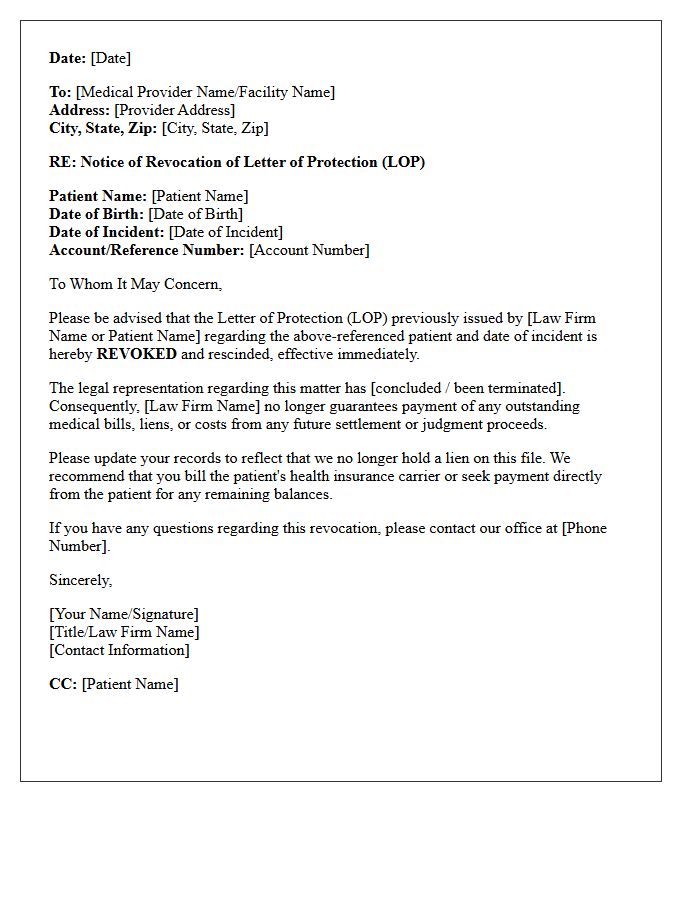 Letter of Protection Revocation Notice to Medical Provider