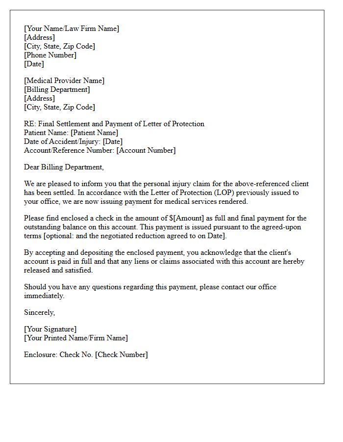 Final Settlement Letter of Protection Payment Enclosure