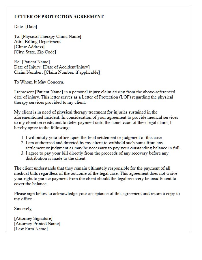 Letter of Protection Agreement for Physical Therapy