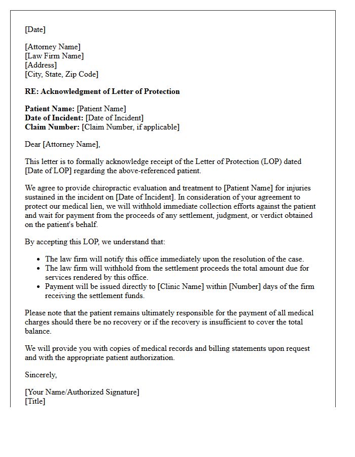 Acknowledgment Letter for Chiropractic Treatment Letter of Protection