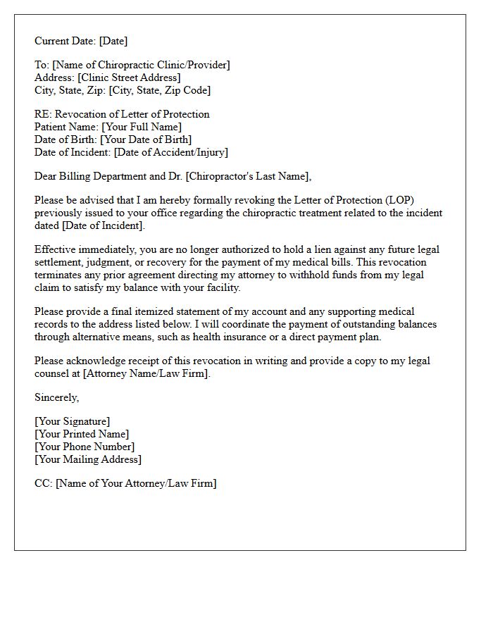 Revocation Letter of Chiropractic Treatment Letter of Protection