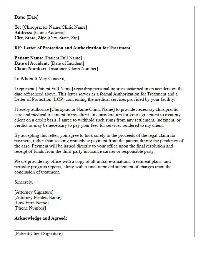 Authorization Letter for Chiropractic Treatment Letter of Protection