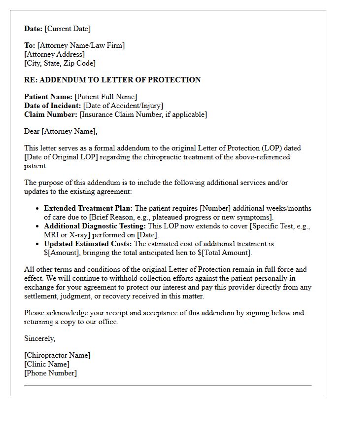 Addendum Letter to Chiropractic Treatment Letter of Protection