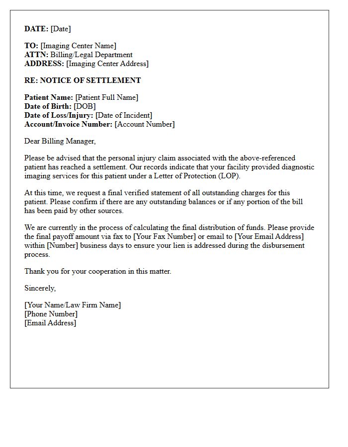 Notice of Settlement for Diagnostic Imaging Letter of Protection