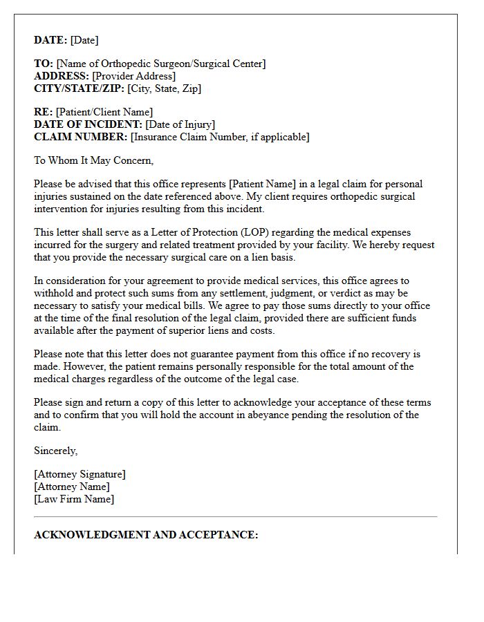 Orthopedic Surgical Intervention Letter of Protection