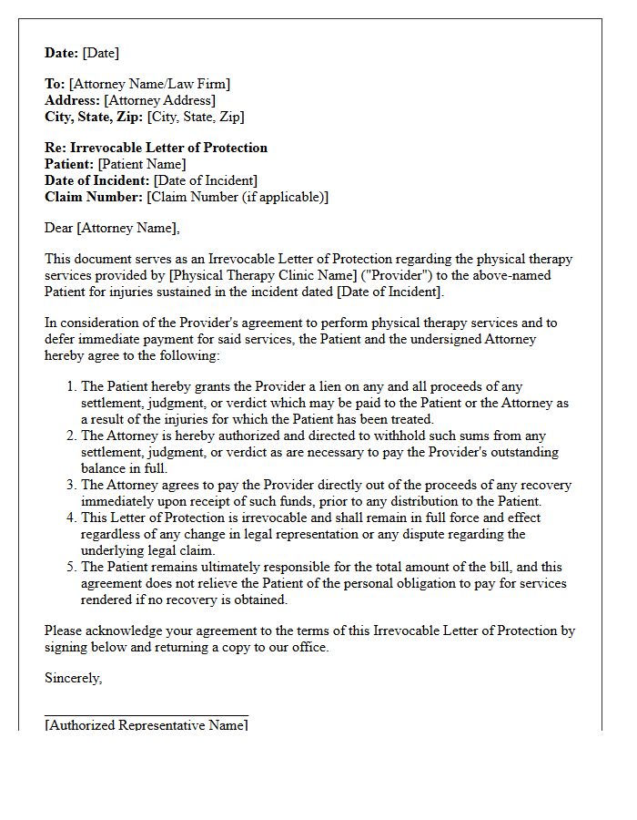 Irrevocable Physical Therapy Letter of Protection