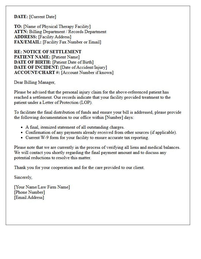 Notice of Settlement Physical Therapy Letter of Protection