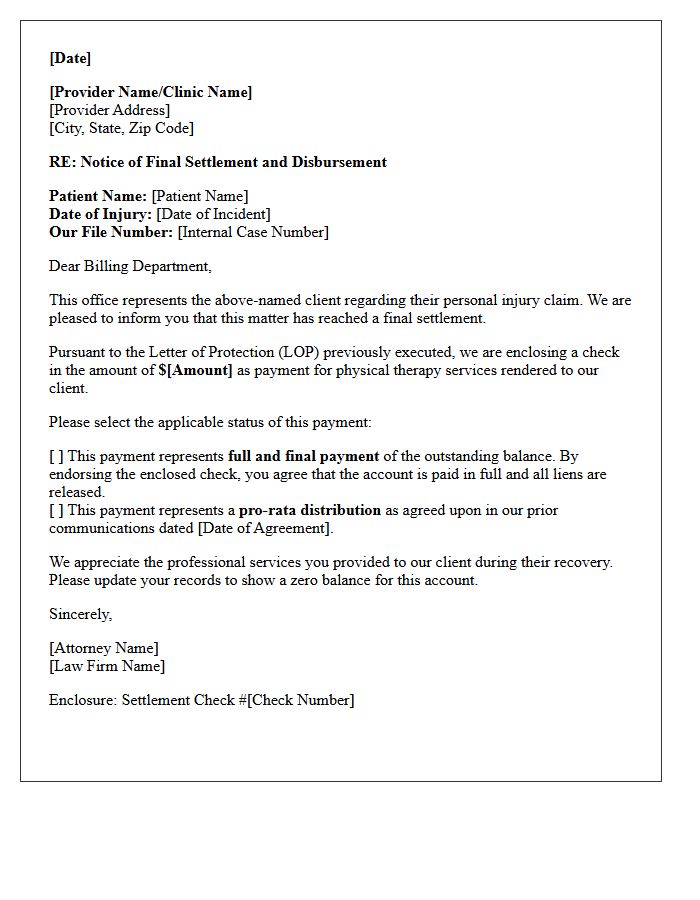 Final Disbursement Physical Therapy Letter of Protection