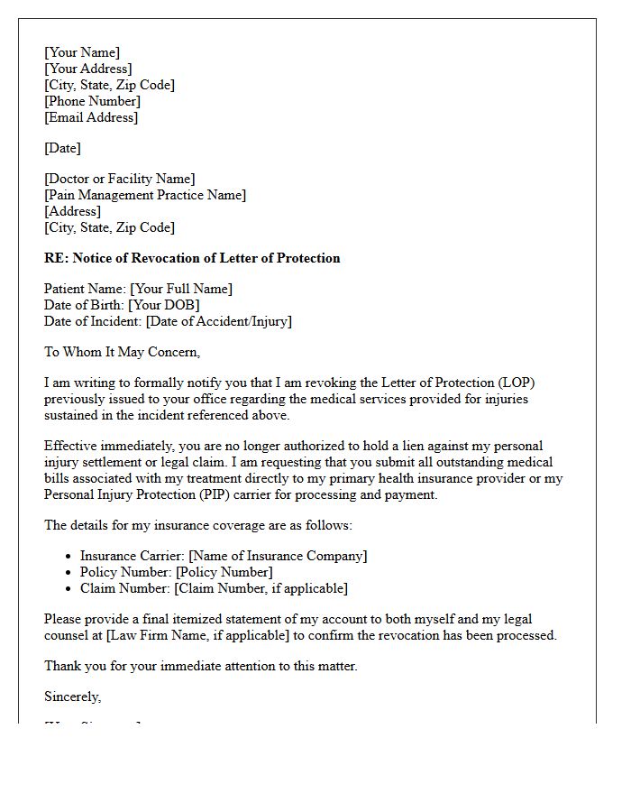 Revocation of Pain Management Letter of Protection