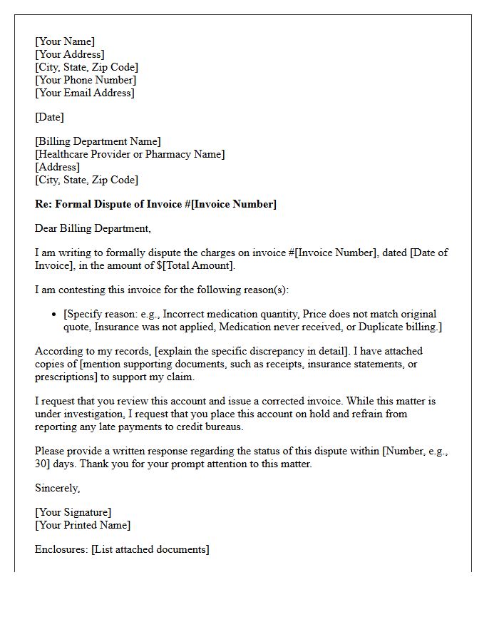 Medication Invoice Dispute Letter